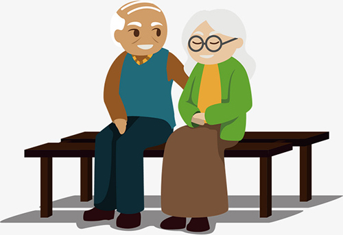 پرستار سالمند خانم و آقا که روی نیمکت نشسته اند