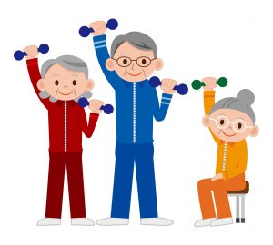 پرستار سالمند سه سالمند در حال ورزش کردن